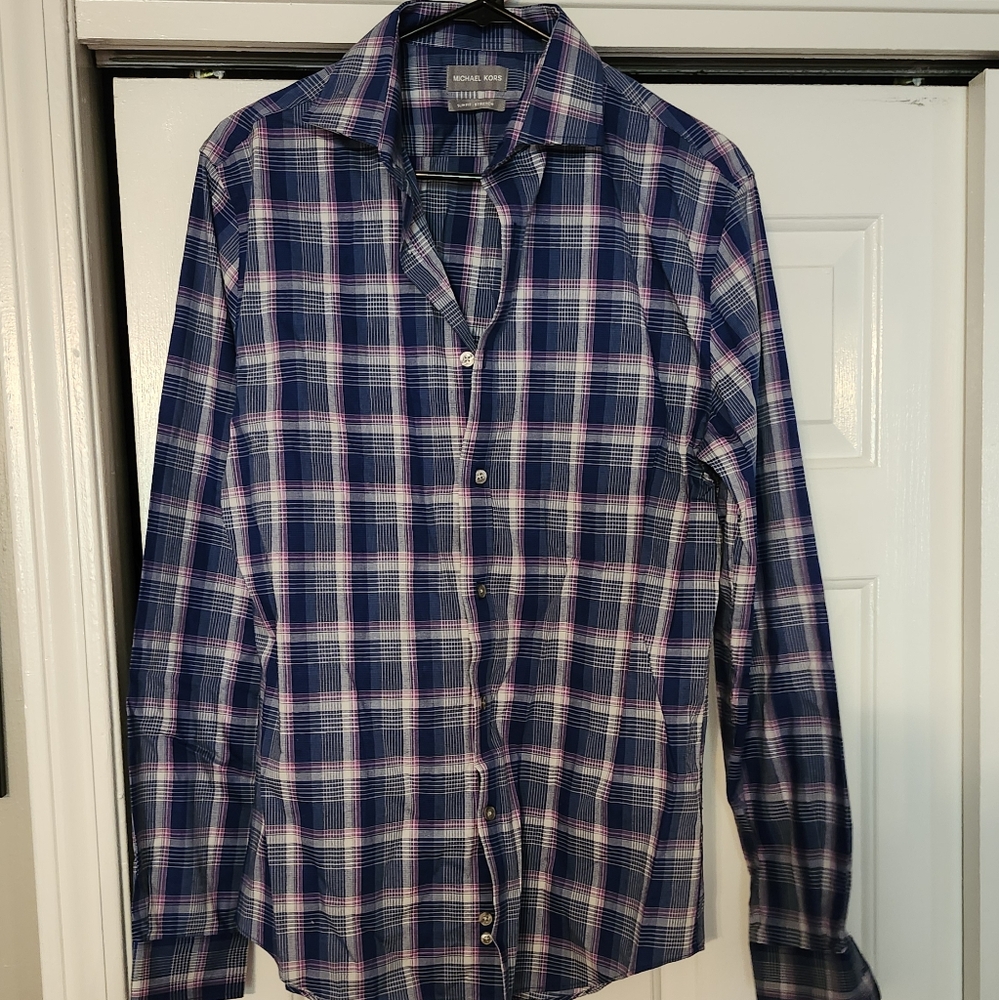 Michael Kors NWOT Navy and Pink Plaid Button Down Shirt